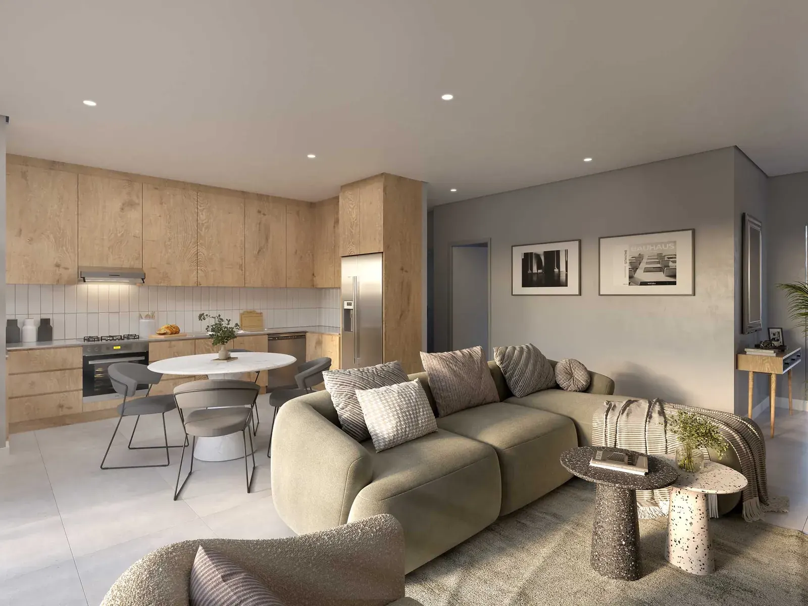 Fitted kitchen open to the living area