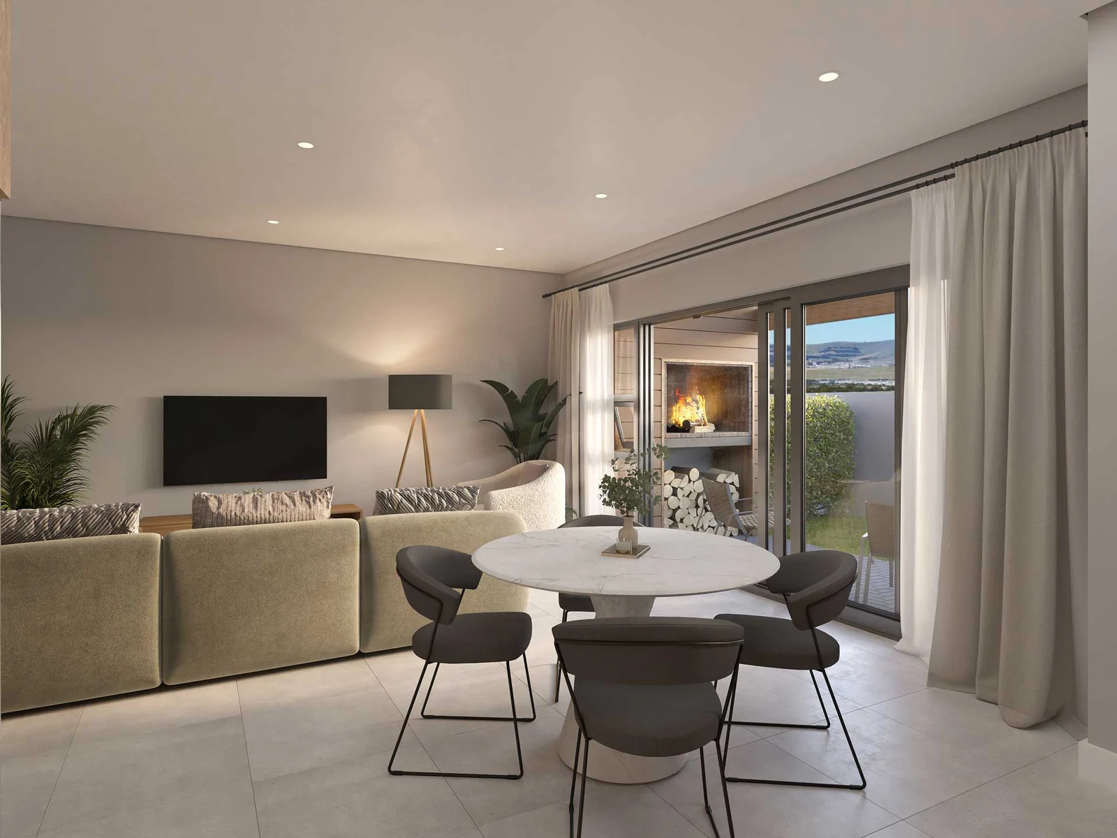 Open-plan living, dining and kitchen in a three-bedroom home