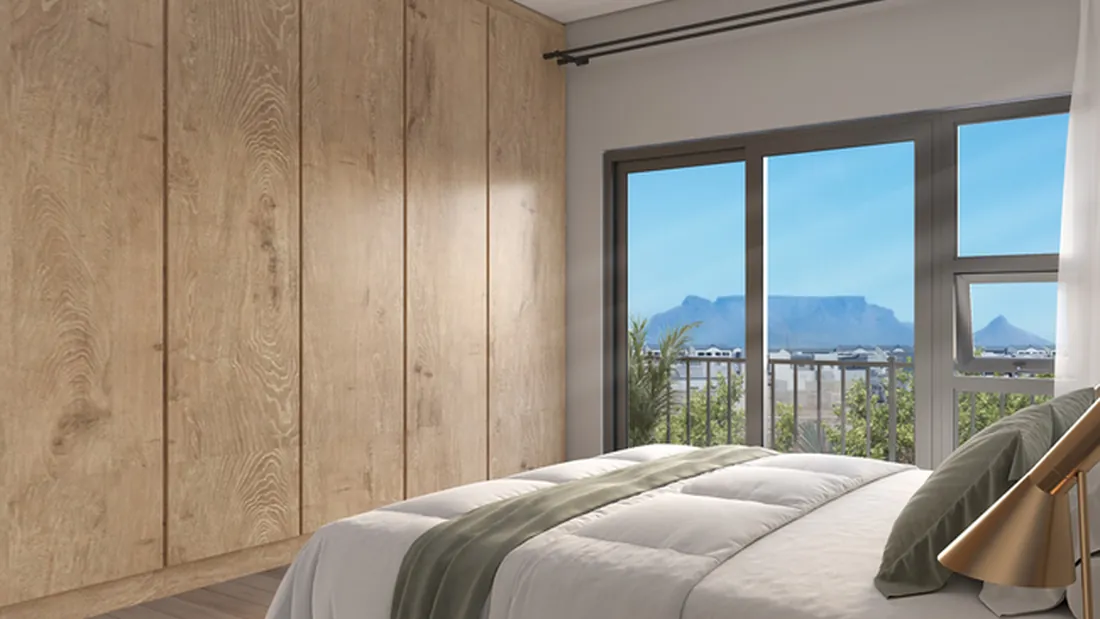 Main bedroom in a two-bedroom duplex looking out to Table Mountain