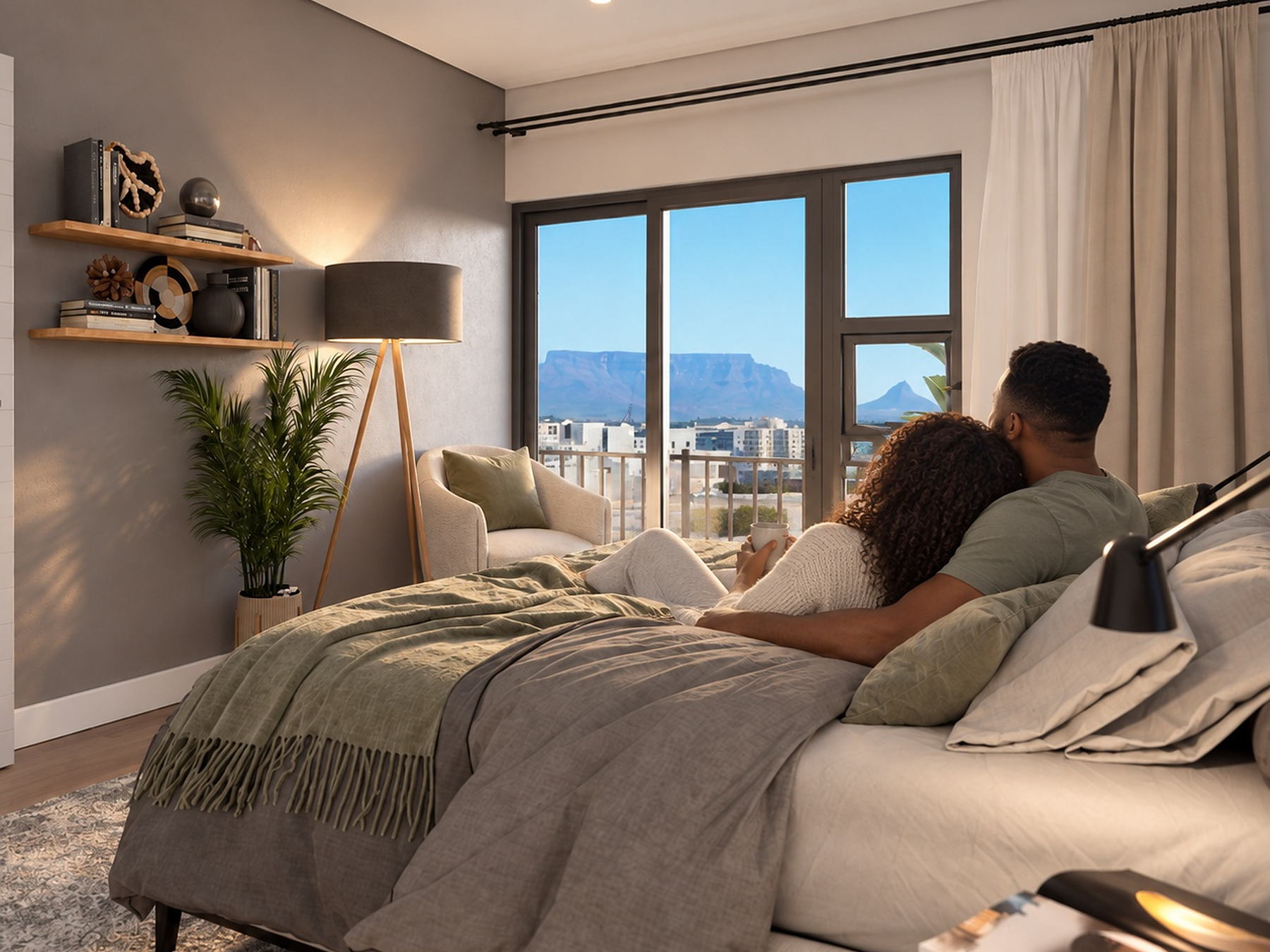 Main bedroom looking out to Table Mountain across the bay