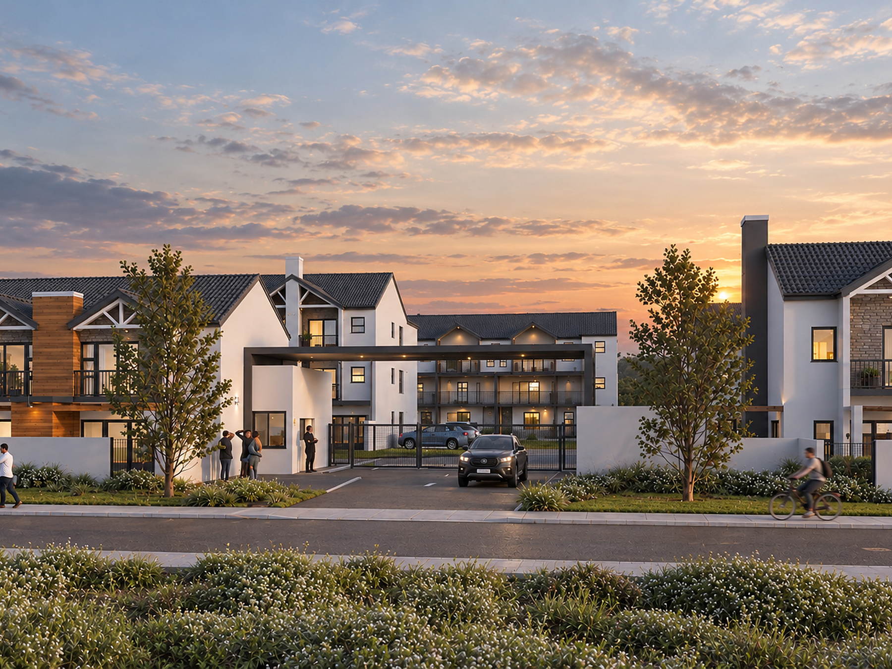 Controlled entrance to the Summit Villas estate at sunset