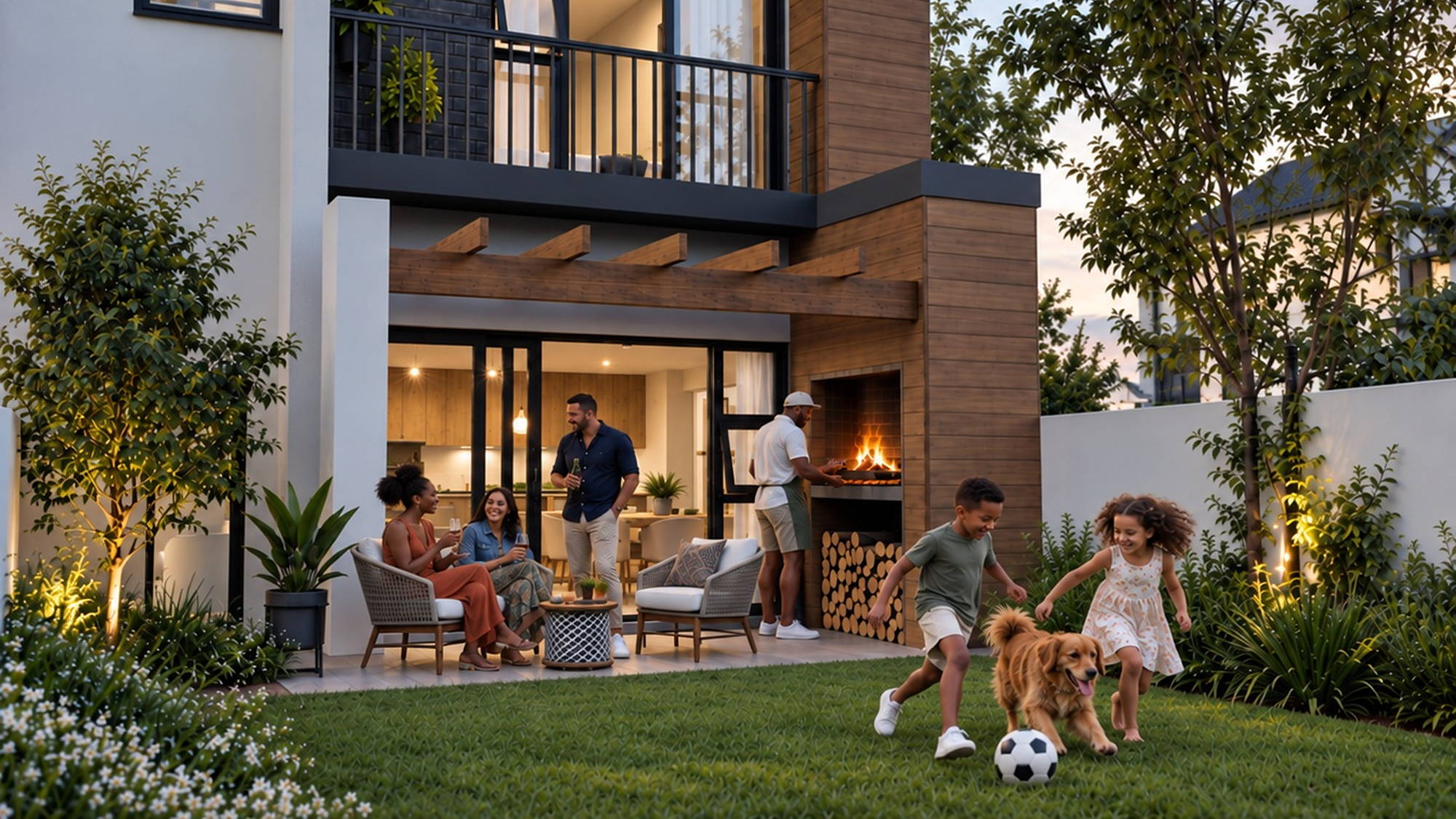 Family around the built-in braai in the private yard of a three-bedroom home at dusk
