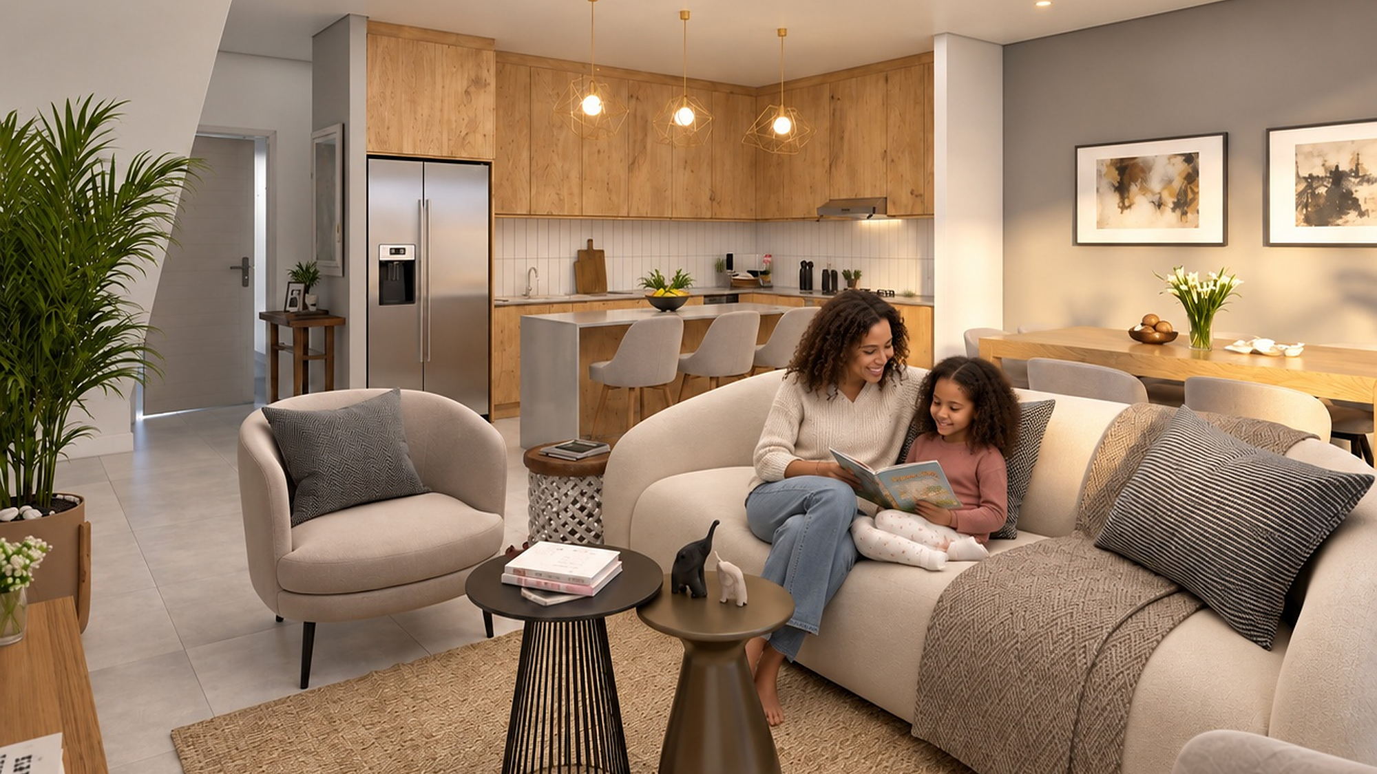 Mother and daughter reading in the open-plan living area of a three-bedroom home